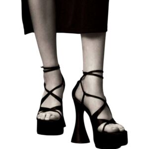 NWT Zara  Black Strappy Platform Satin Heels